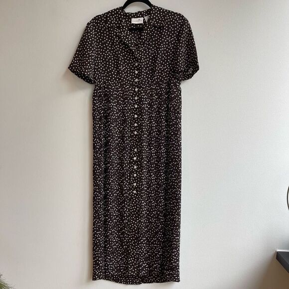 Liz Claiborne Brown Polka Dot Midi Dress Pleated Button-up Size 4 - Picture 1 of 7